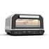 Black countertop pizza oven with glass viewing window and stainless steel handle